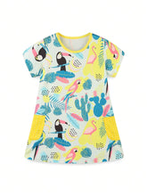 1pc Toddler Girls" Casual Cartoon Bird Printed Short Sleeve Round Neck Dress With Pockets, Summer
